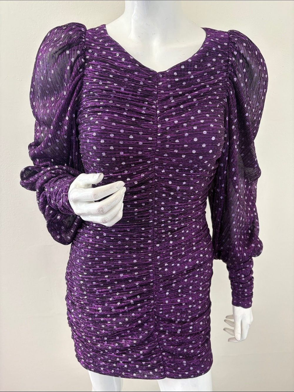 For Love And Lemons La Villette Purple Polka-Dot Long Puff Sleeve Mini Dress